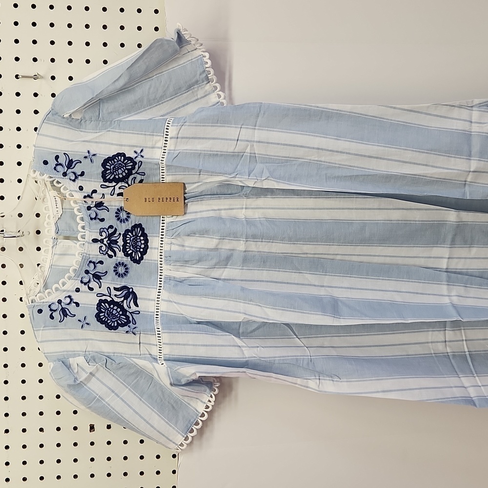 BLU pepper dress NWT blue white stripe with embroidery accent